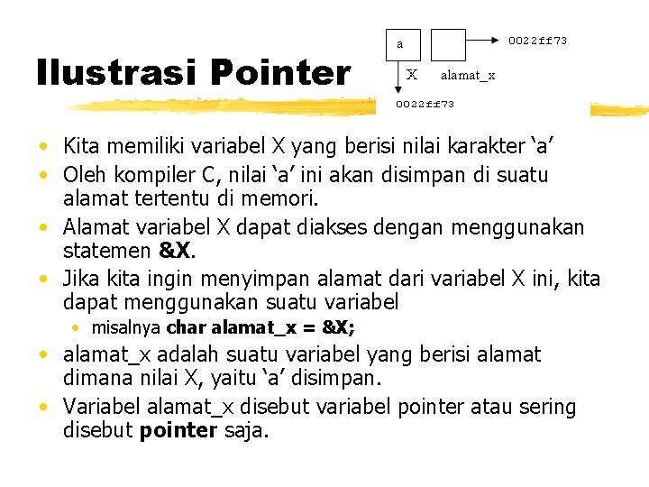 Ilustrasi Pointer • Kita memiliki variabel X yang berisi nilai karakter ‘a’ • Oleh