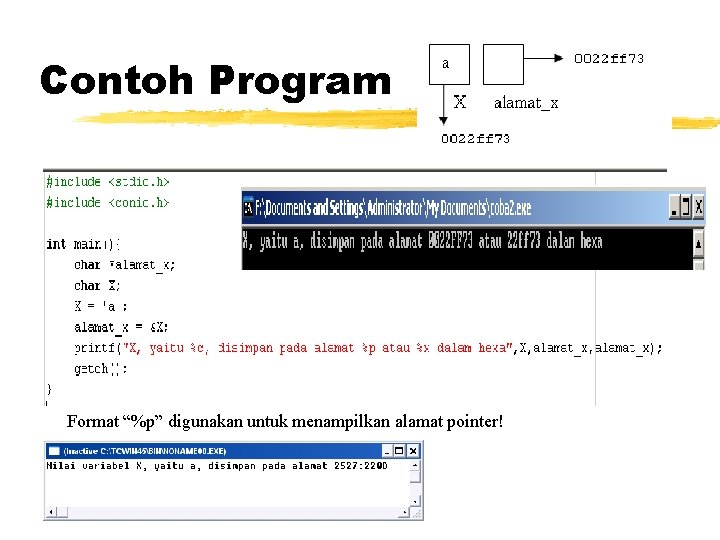 Contoh Program Format “%p” digunakan untuk menampilkan alamat pointer! 