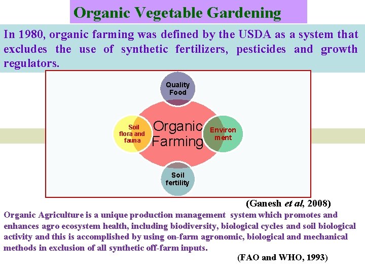 Organic Vegetable Gardening In 1980, organic farming was defined by the USDA as a