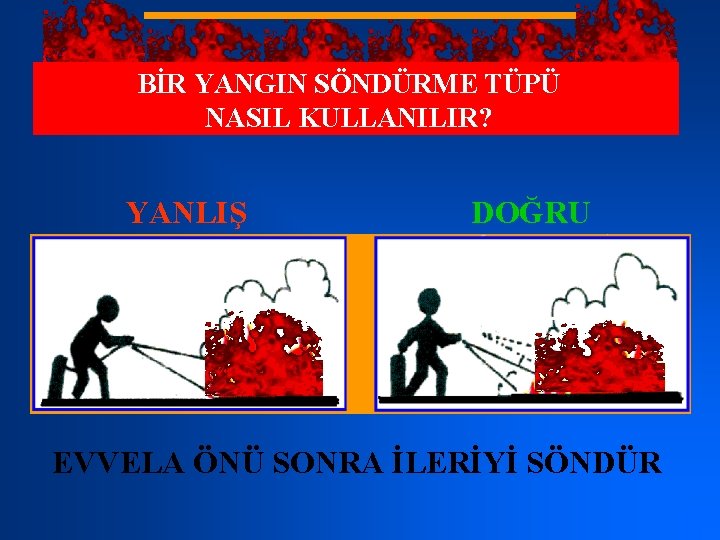 BİR YANGIN SÖNDÜRME TÜPÜ NASIL KULLANILIR? YANLIŞ DOĞRU EVVELA ÖNÜ SONRA İLERİYİ SÖNDÜR 