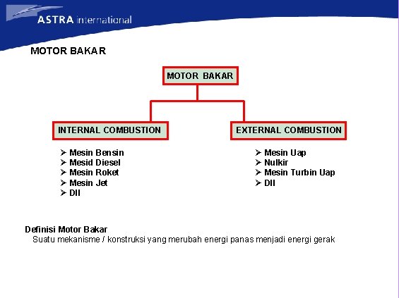 MOTOR BAKAR INTERNAL COMBUSTION Ø Mesin Bensin Ø Mesid Diesel Ø Mesin Roket Ø