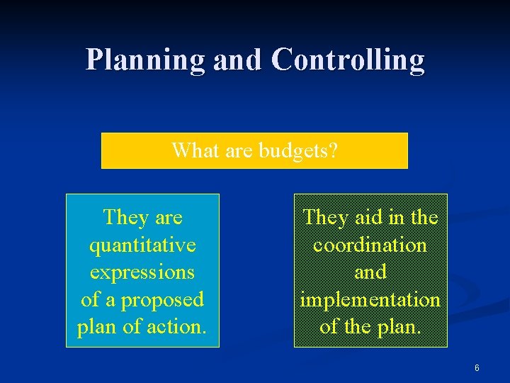 Planning and Controlling What are budgets? They are quantitative expressions of a proposed plan