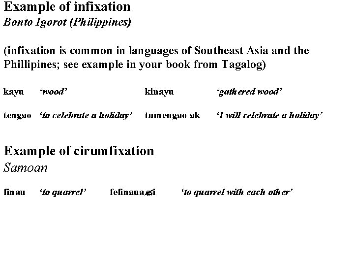 Example of infixation Bonto Igorot (Philippines) (infixation is common in languages of Southeast Asia