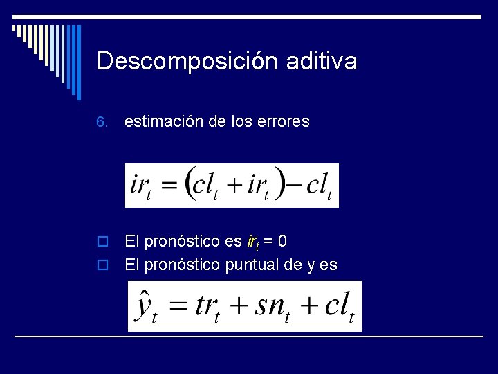 Descomposición aditiva 6. estimación de los errores El pronóstico es irt = 0 o