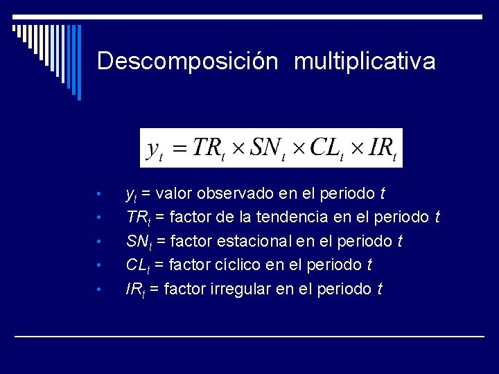 Descomposición multiplicativa • • • yt = valor observado en el periodo t TRt