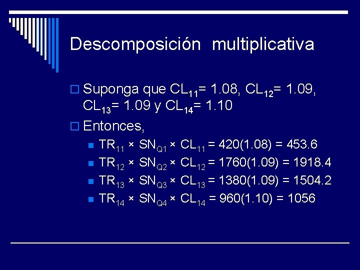 Descomposición multiplicativa o Suponga que CL 11= 1. 08, CL 12= 1. 09, CL