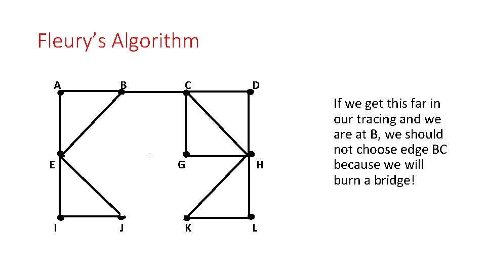 Fleury’s Algorithm A B E I C F J G K D H L Fleury’s Algorithm A B E I C F J G K D H L