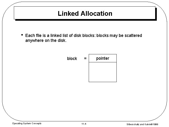 Linked Allocation • Each file is a linked list of disk blocks: blocks may