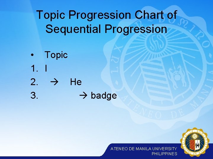 Topic Progression Chart of Sequential Progression • Topic 1. I 2. He 3. badge