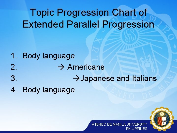 Topic Progression Chart of Extended Parallel Progression 1. Body language 2. Americans 3. Japanese