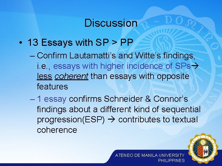 Discussion • 13 Essays with SP > PP – Confirm Lautamatti’s and Witte’s findings,