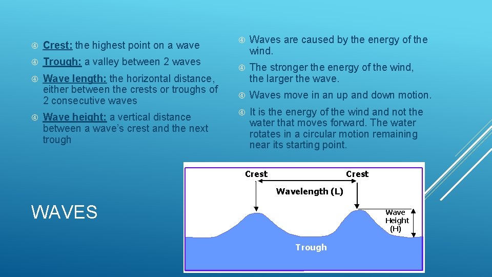  Crest: the highest point on a wave Trough: a valley between 2 waves