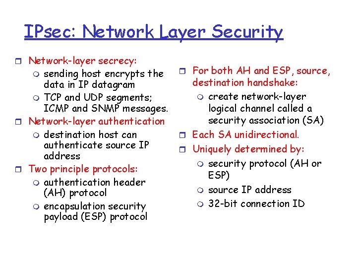 IPsec: Network Layer Security r Network-layer secrecy: sending host encrypts the data in IP IPsec: Network Layer Security r Network-layer secrecy: sending host encrypts the data in IP