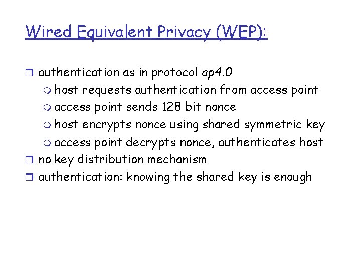 Wired Equivalent Privacy (WEP): r authentication as in protocol ap 4. 0 m host Wired Equivalent Privacy (WEP): r authentication as in protocol ap 4. 0 m host