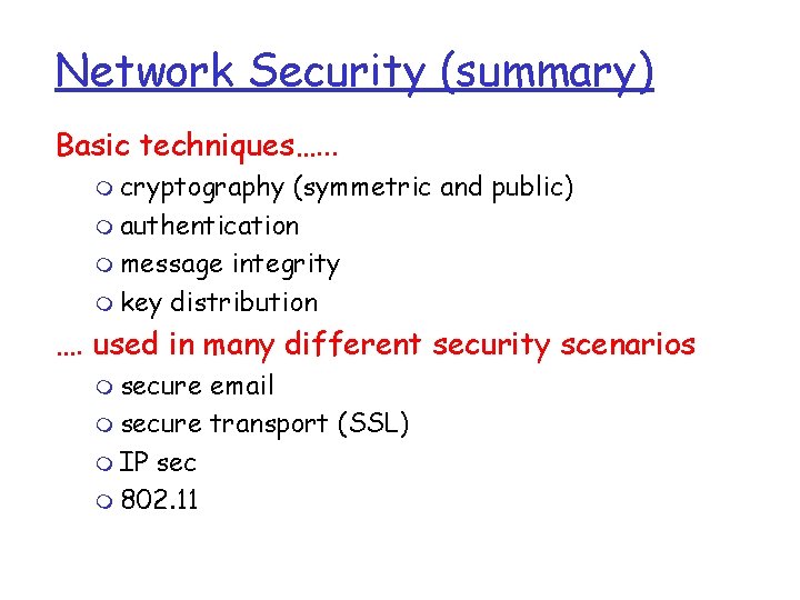 Network Security (summary) Basic techniques…. . . m cryptography (symmetric and public) m authentication Network Security (summary) Basic techniques…. . . m cryptography (symmetric and public) m authentication