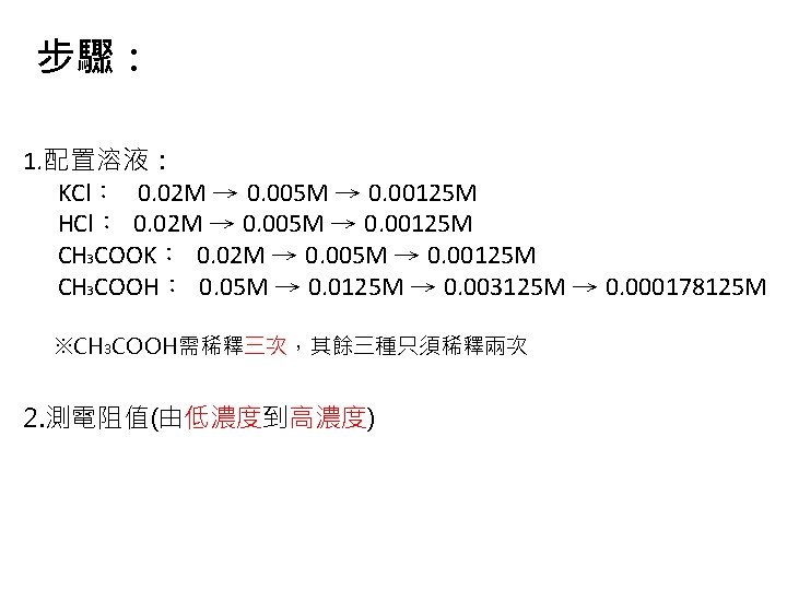 步驟： 1. 配置溶液： KCl： 0. 02 M → 0. 005 M → 0. 00125