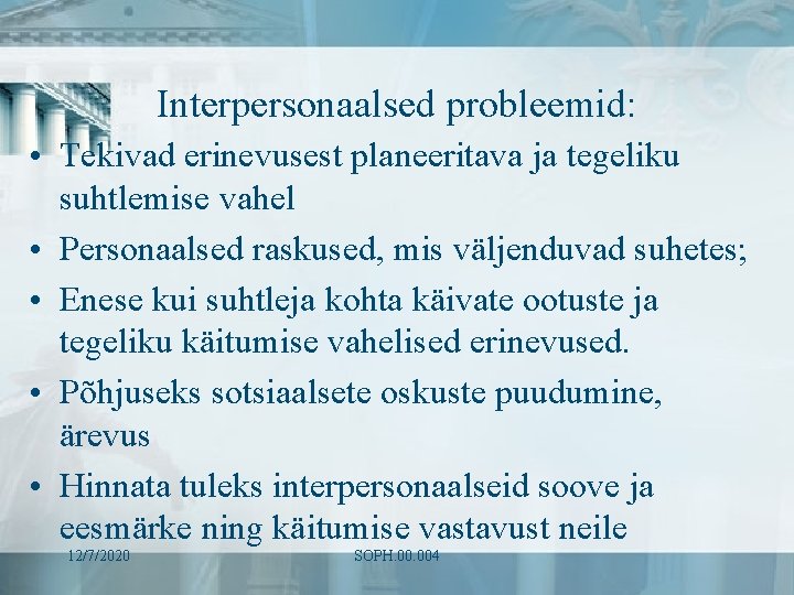 Interpersonaalsed probleemid: • Tekivad erinevusest planeeritava ja tegeliku suhtlemise vahel • Personaalsed raskused, mis