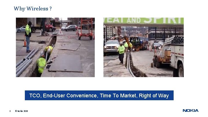 Why Wireless ? TCO, End-User Convenience, Time To Market, Right of Way 1 ©