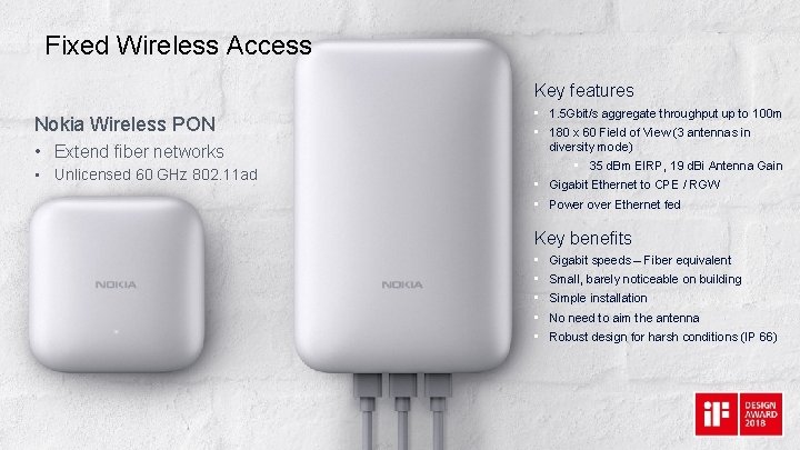 Fixed Wireless Access Key features Nokia Wireless PON • Extend fiber networks • Unlicensed