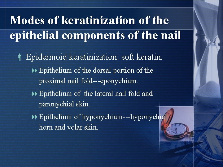 Modes of keratinization of the epithelial components of the nail Epidermoid keratinization: soft keratin.