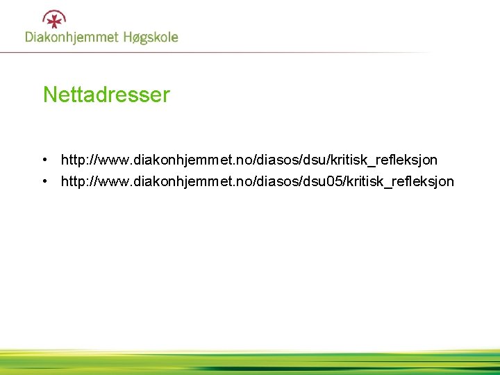 Nettadresser • http: //www. diakonhjemmet. no/diasos/dsu/kritisk_refleksjon • http: //www. diakonhjemmet. no/diasos/dsu 05/kritisk_refleksjon 