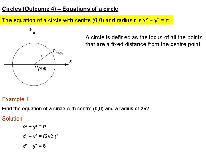 Circles (Outcome 4) – Equations of a circle The equation of a circle with
