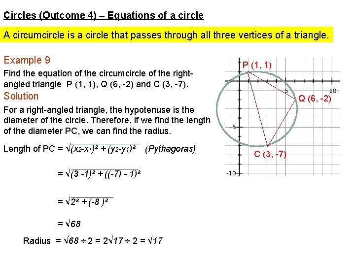 Circles (Outcome 4) – Equations of a circle A circumcircle is a circle that