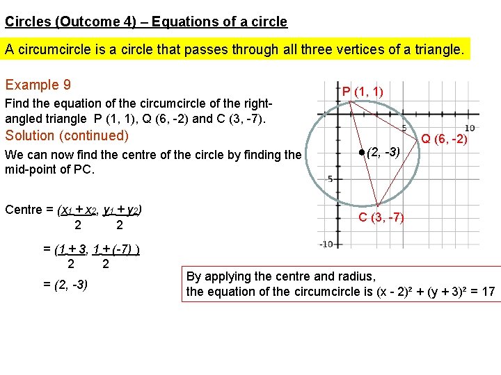 Circles (Outcome 4) – Equations of a circle A circumcircle is a circle that