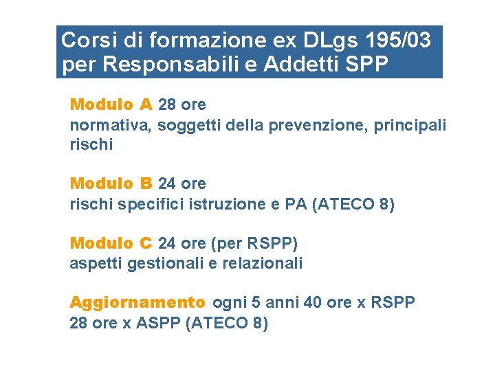 Corsi di formazione ex DLgs 195/03 per Responsabili e Addetti SPP Modulo A 28