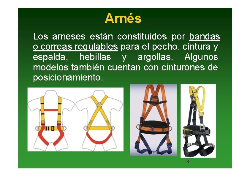 Arnés Los arneses están constituidos por bandas o correas regulables para el pecho, cintura