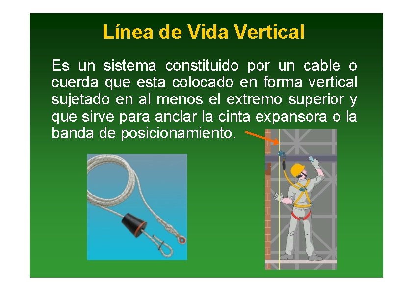 Línea de Vida Vertical Es un sistema constituido por un cable o cuerda que