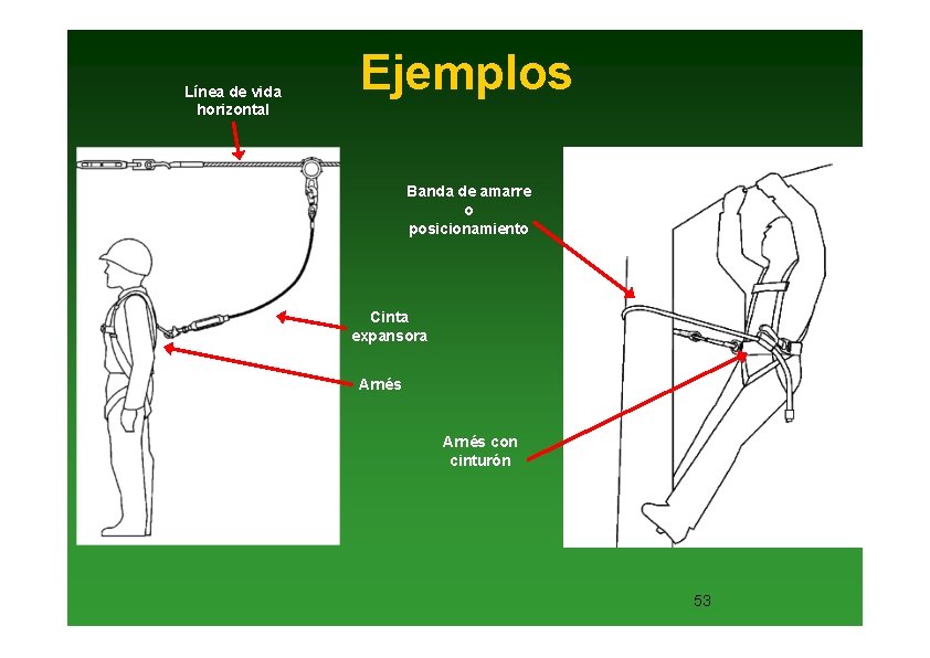 Línea de vida horizontal Ejemplos Banda de amarre o posicionamiento Cinta expansora Arnés con
