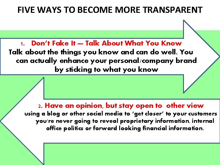 FIVE WAYS TO BECOME MORE TRANSPARENT 1. Don’t Fake It — Talk About What