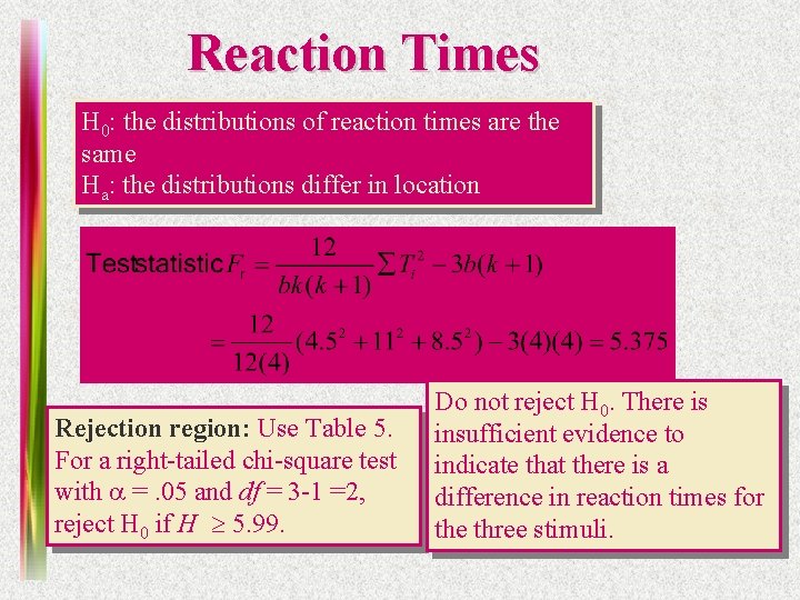 Reaction Times H 0: the distributions of reaction times are the same Ha: the