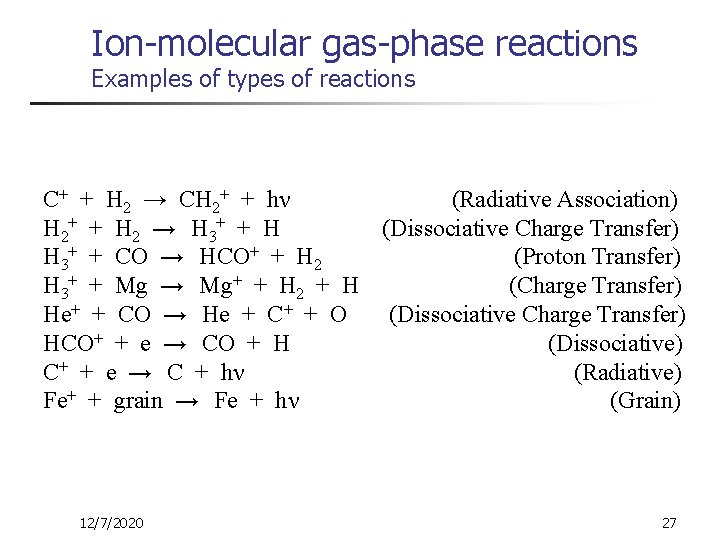 Ion-molecular gas-phase reactions Examples of types of reactions C+ + H 2 → CH
