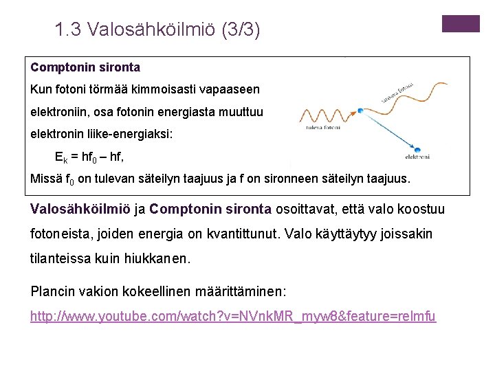 1. 3 Valosähköilmiö (3/3) Comptonin sironta Kun fotoni törmää kimmoisasti vapaaseen elektroniin, osa fotonin 1. 3 Valosähköilmiö (3/3) Comptonin sironta Kun fotoni törmää kimmoisasti vapaaseen elektroniin, osa fotonin