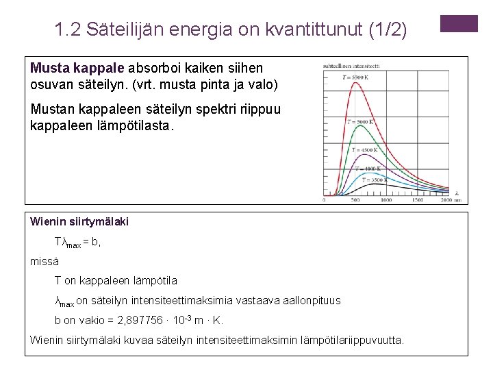 1. 2 Säteilijän energia on kvantittunut (1/2) Musta kappale absorboi kaiken siihen osuvan säteilyn. 1. 2 Säteilijän energia on kvantittunut (1/2) Musta kappale absorboi kaiken siihen osuvan säteilyn.