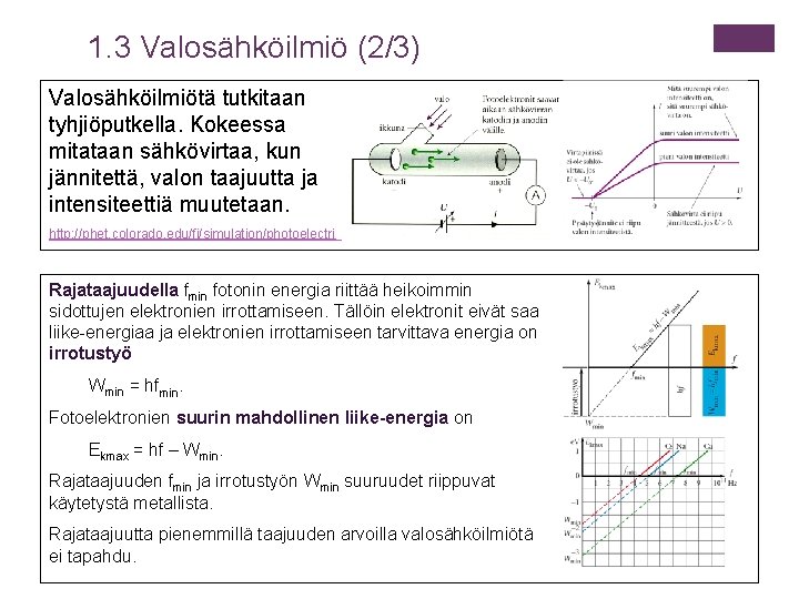 1. 3 Valosähköilmiö (2/3) Valosähköilmiötä tutkitaan tyhjiöputkella. Kokeessa mitataan sähkövirtaa, kun jännitettä, valon taajuutta 1. 3 Valosähköilmiö (2/3) Valosähköilmiötä tutkitaan tyhjiöputkella. Kokeessa mitataan sähkövirtaa, kun jännitettä, valon taajuutta