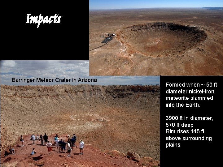 Impacts Barringer Meteor Crater in Arizona Formed when ~ 50 ft diameter nickel-iron meteorite