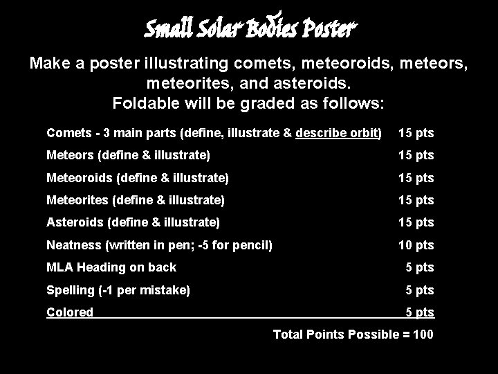 Small Solar Bodies Poster Make a poster illustrating comets, meteoroids, meteors, meteorites, and asteroids.