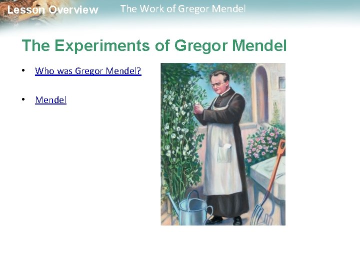 Lesson Overview The Work of Gregor Mendel The Experiments of Gregor Mendel • Who