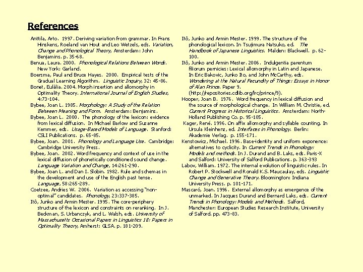 References Anttila, Arto. 1997. Deriving variation from grammar. In Frans Hinskens, Roeland van Hout