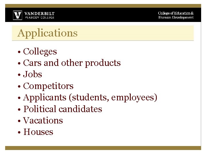 Applications • Colleges • Cars and other products • Jobs • Competitors • Applicants