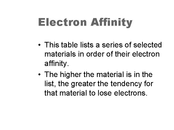 Electron Affinity • This table lists a series of selected materials in order of