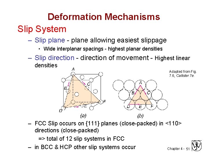 Deformation Mechanisms Slip System – Slip plane - plane allowing easiest slippage • Wide