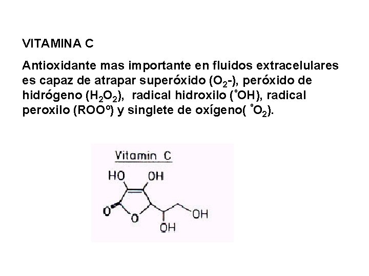 VITAMINA C Antioxidante mas importante en fluidos extracelulares es capaz de atrapar superóxido (O