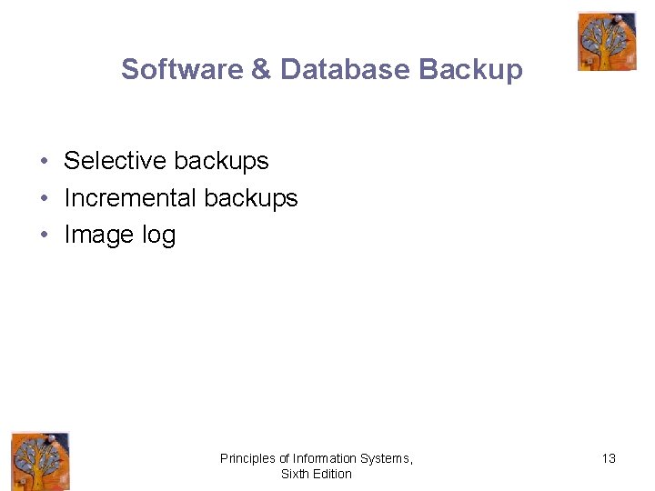 Software & Database Backup • Selective backups • Incremental backups • Image log Principles