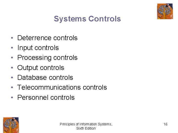 Systems Controls • • Deterrence controls Input controls Processing controls Output controls Database controls