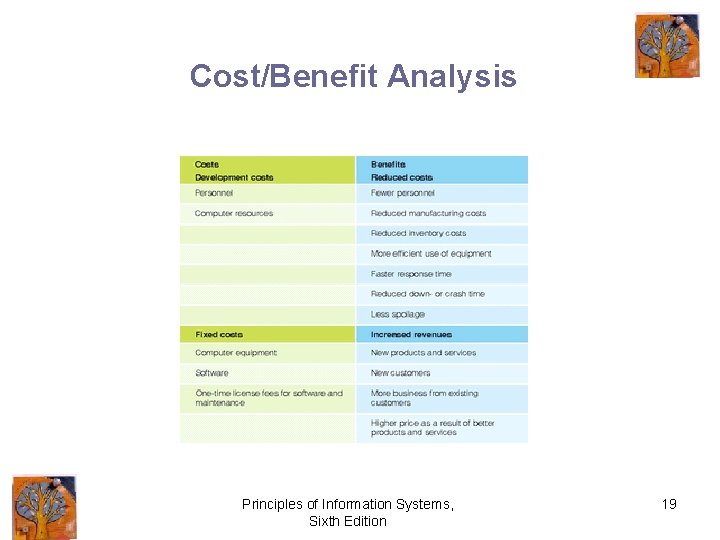Cost/Benefit Analysis Principles of Information Systems, Sixth Edition 19 