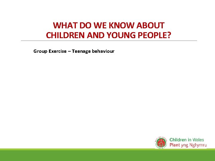 WHAT DO WE KNOW ABOUT CHILDREN AND YOUNG PEOPLE? Group Exercise – Teenage behaviour